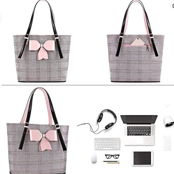 MOSISO  plaid Tote laptop bag carry all  houndstooth large Pink bow, stylish - Picture 3 of 14